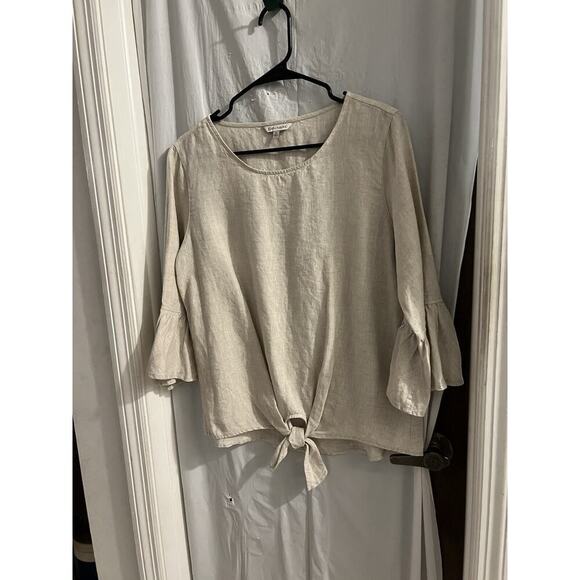 John Mark Beige Linen Tie Front Flare Sleeve Top Sz S - Picture 1 of 6